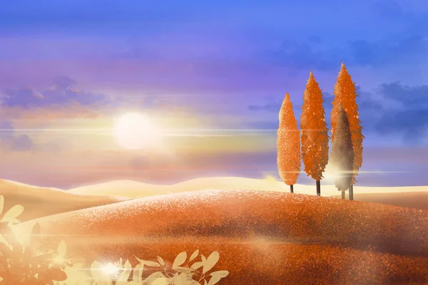 Иллюстрация Осенний Пейзаж Закатом Золотым Светом Цифровая Краска Панорама Осенний — стоковое фото
