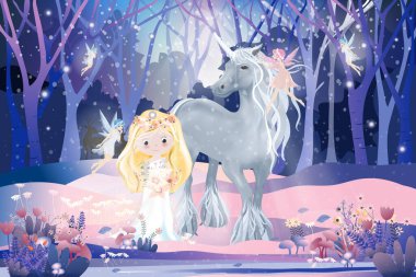 Fantasy cute cartoon of cute princess with little fairies flying and playing with white unicorn in magic forest, Christmas night, Vector illustration landscape of Winter wonderland. clipart