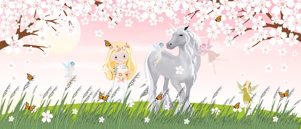 かわいい姫とユニコーンと小さな妖精の春の漫画の風景は 野生の草の花や桜の上に蝶と飛んで 幸せな女の子と馬の散歩桜の木と春のシーン — ストックベクタ