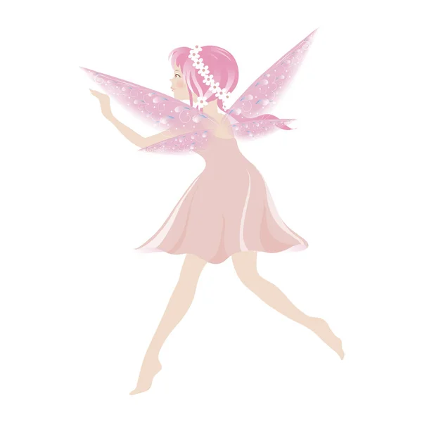 Illustration Cute Pink Fairy Flying Beautiful Wings Vector Cartoon Bed — Stock Vector