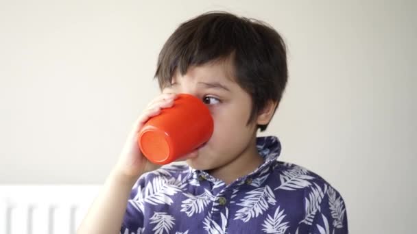 Healthy Kid Drinking Fresh Orange Juice Glass Playing His Toy — Stock Video