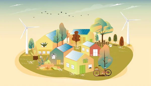 Vetor Energia Verde Eco Friendly Pequena Cidade Com Casa Solar — Vetor de Stock
