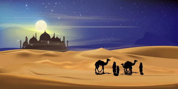 Famille Arabe Avec Chameaux Marchant Dans Sable Désert Paysage Caravane — Image vectorielle
