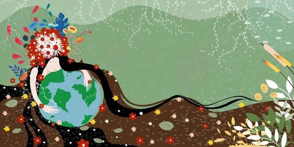 Doğa Ana 'nın el ele tutuşan gezegenli Dünya Günü posteri. Vahşi doğa ormanı ve küresi olan şirin çizgi film Vector Girl, dünya çevresi geçmişi, Dünya 'yı veya Dünya' yı Kurtarma Günü, Yeşil Gün konsepti.