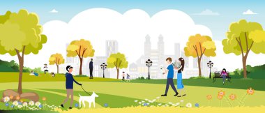 Sonbahar günlerinde Morning City 'deki insanların yaşam tarzı, Mutlu aile şehir parkında eğleniyor ve eğleniyor, grafiksel çevre günü. Yaz ve sonbahar başları için sevimli vektör karikatürü