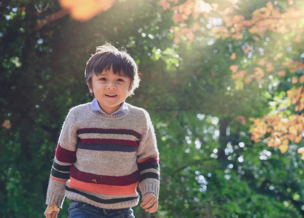 Aktivní Chlapec Veselou Tváří Baví Pobíhání Zelené Trávě Zdravý Chlapec — Stock fotografie