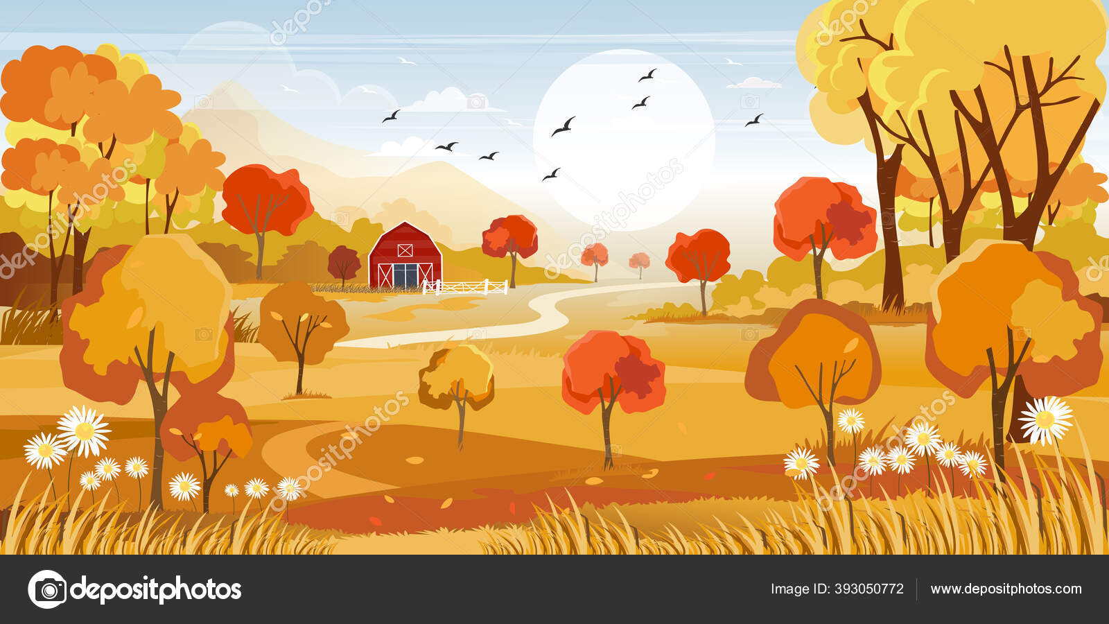 秋の田園風景のパノラマ 黄色の葉の木から落ちる秋の風景 山やカエデの葉の水平方向のバナーのベクトルイラスト ストックベクター  ©annbkk.gmail.com 393050772, image size:1600x900