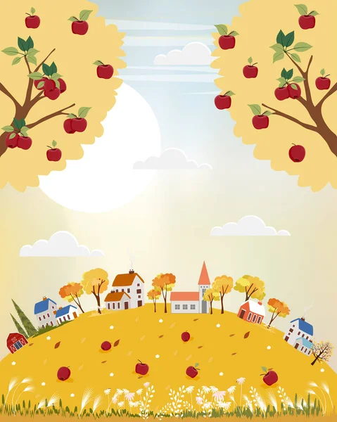 Vector landscapes of Countryside in autumn,Panoramic of cute cartoon village in mid autumn with field, mountains, wild flower and apples trees in yellow foliage. fall season background