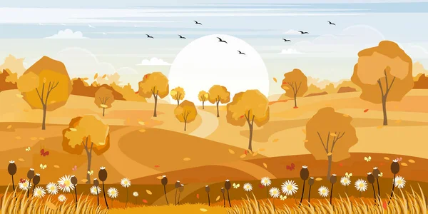 秋の田園風景のパノラマ 黄色の葉の木から落ちる秋の風景 山やカエデの葉の水平方向のバナーのベクトルイラスト — ストックベクタ