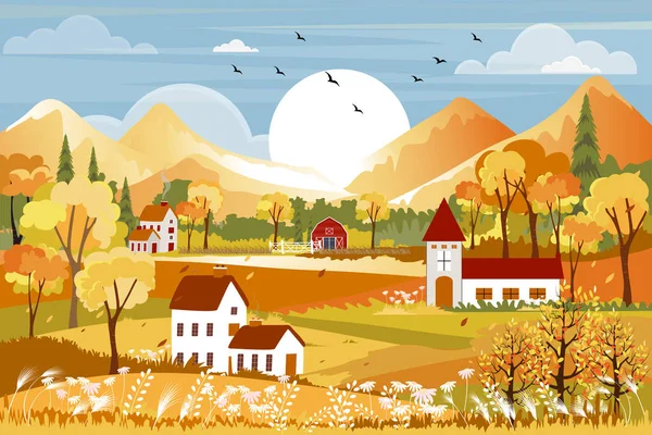 秋の田舎の幻想的なパノラマ風景 黄色の葉の木から落ちる農場のフィールド 野生の草や葉と中秋のパノラマ 秋の不思議の国 — ストックベクタ