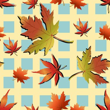 Sarı ve mavi arka planda tartan desenli farklı tasarımlarda kusursuz sonbahar yaprakları, gömlek veya duvar kağıdı için sonbahar renk paneli ekoseli, sonbahar sezonu için sonsuz doku