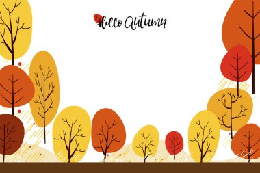 Fotokopi alanı olan güzel bir sonbahar karikatürü, Orman ağacı olan Vektör Hello Autumn, Banner, Satış, Kart ve şablon arka planı için sonbahar veya sonbahar 