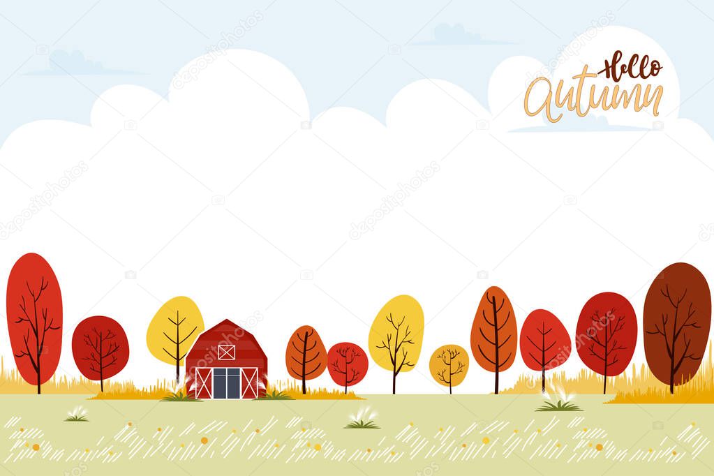 Cute cartoon Autumn landscape farm field, barn, and trees with copy space, Vector Hello Autumn with forest tree in red, orange and yellow foliage, Autumn or Fall season for Banner, Sale, Card and template background 
