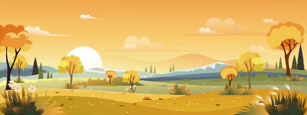 秋の田園風景 畑のある中秋の名月 野生の草や葉は青空と黄色の葉の木から落ちる バナーのコピースペースと秋の季節 — ストックベクタ