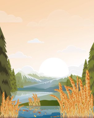 Güzel bir çiftliğin vektör çizimi, göllü ve dağ zeminli altın buğday tarlaları, olgun buğday ve yansımalı kırsal sonbahar manzarası, kırsal kesimde sonbahar mevsimi
