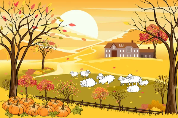 Wektor Ilustracja Panoramy Jesienny Krajobraz Angielskiej Wsi Drzewami Leśnymi Spadającymi — Wektor stockowy