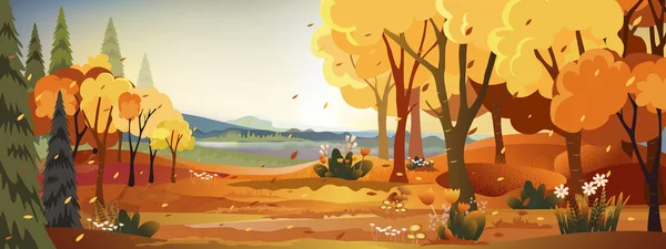 Sonbaharda kırsal bölgelerin fantezi manzaraları, sonbaharın ortasında tarlalar, dağlar, yabani otlar ve sarı yaprakların döküldüğü panoramik manzaralar. Harikalar Diyarı 'nın sonbahar manzarası