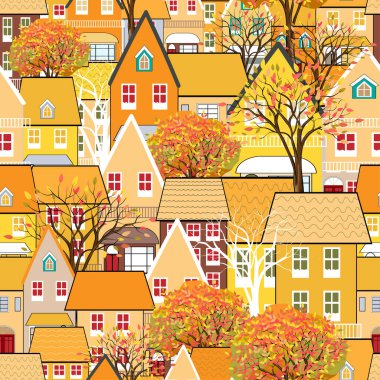 Peri masalı evleri, turuncu ve sarı yapraklı ağaçlar, sonbahar sezonunda şirin çizgi film evleri olan kusursuz bir şehir manzarası. Duvar kağıdı, ambalaj ve kumaş için düz çizgi film vektörü 
