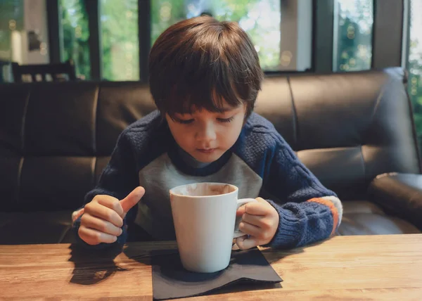 Candid Shot Kid Drinking Hot Chocolate Cafe Warm Tone Healthy — Stock Photo, Image