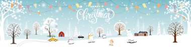 Karlı kış manzaraları panoramik, yatay kış harikalar diyarı taşıyıcısı Noel arifesinde kutlayan şirin kutup ayısı ailesi, Mutlu Noeller ve mutlu yeni yıl geçmişi.