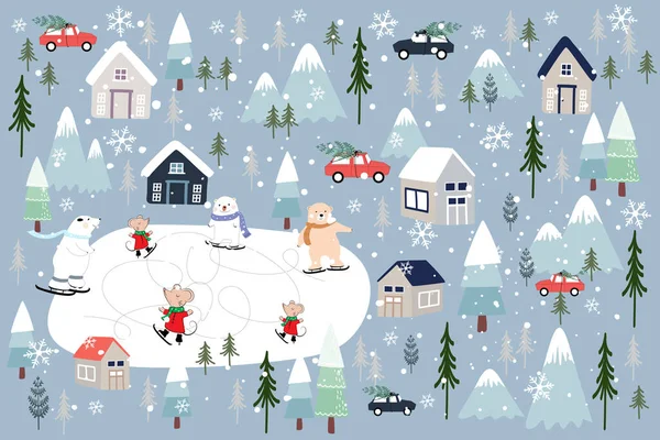 Vector Cute Greeting Card Christmas Background Winter Landscape Wonderland Polar — Stock Vector