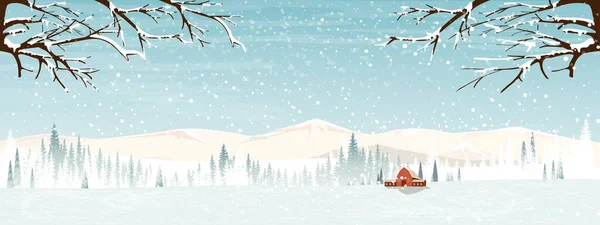 Winterlandschaft Mit Silhouetten Von Nebligen Kiefern Wald Mit Einsamen Bauernhaus — Stockvektor