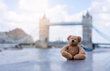 Oyuncak ayı, bulanık Londra Köprüsü geçmişiyle tek başına oturuyor nehrin kenarında oturan unutulmuş ayı, kayıp mal, yalnız konsept, kayıp çocuk, uluslararası kayıp çocuk.