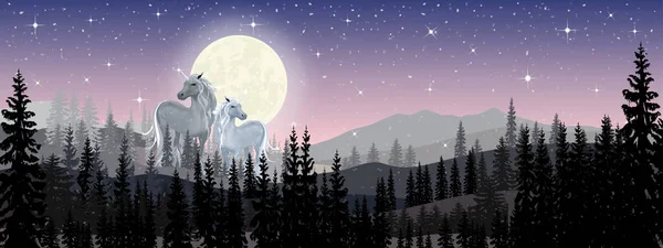 情侣独角兽的全景矗立在松林中 星夜满月 两匹马的全景 冬夜满月 星空满月 圣诞快乐 新年快乐 — 图库矢量图片