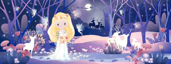 Fantasielandschaft Winter Wunderland Mit Nette Prinzessin Zauberwald Mit Kleinen Feen — Stockvektor