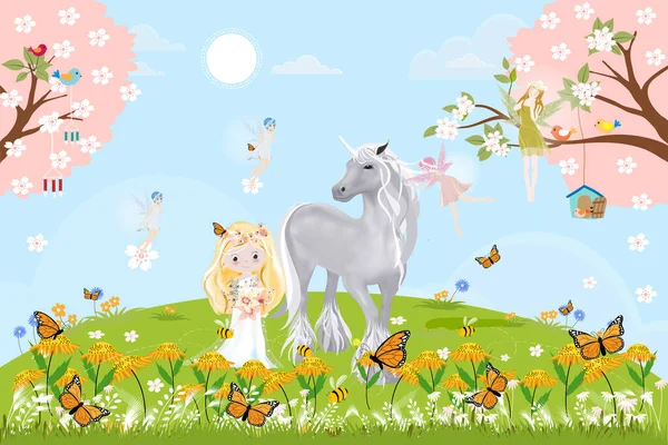 Lindo Paisaje Primavera Con Pequeña Princesa Unicornio Pequeñas Hadas Volando — Archivo Imágenes Vectoriales