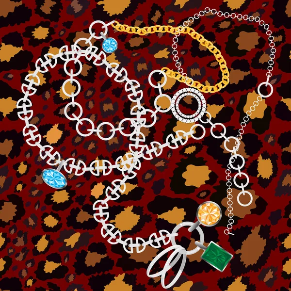 ベクトル赤の背景に青い空の宝石で金と銀のチェーンとヒョウ皮のシームレスなパターン 織物や壁紙のための野生動物のパターン — ストックベクタ