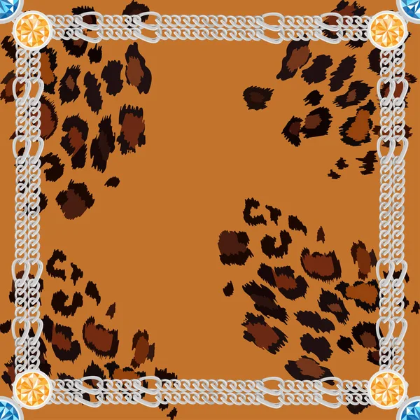 ベクトルオレンジの背景にシルバーチェーン 青空とシトリンの宝石とヒョウ肌のシームレスなパターン 織物や壁紙のための野生動物のパターン — ストックベクタ