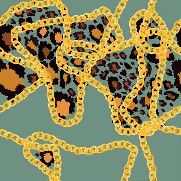 Векторный Бесшовный Рисунок Кожи Леопарда Золотыми Цепочками Зеленом Фоне Дикие — стоковый вектор