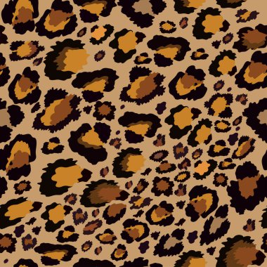 Kahverengi arka planda sarı ve siyah leopar desenli vektörsüz leopar deseni, tekstil veya duvar kağıdı için Vahşi Hayvanlar deseni, leopar deseni
