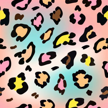 Sarı, pembe, turuncu ve siyah renkli leopar desenli leopar desenli tatlı pastel arka plan, tekstil ya da duvar kağıdı için vahşi hayvanlar deseni, kötü leopar deseni