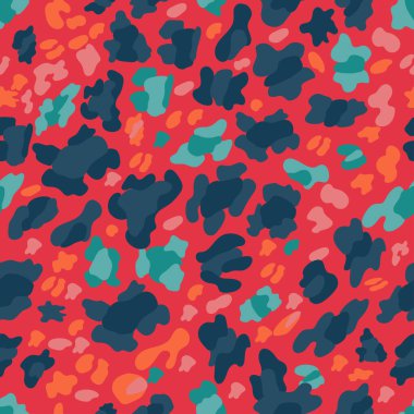 Kırmızı zemin üzerinde parlak yeşil, mavi, pembe ve turuncu renkte leopar desensiz leopar deseni, tekstil ya da duvar kağıdı için vahşi hayvanlar deseni, leopar deseni