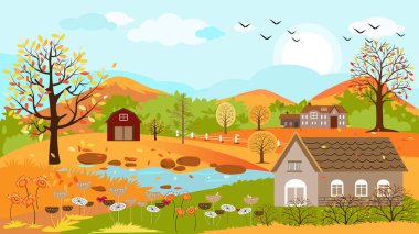 Sonbaharda kırsal alanların panoramik manzarası çimenlerin üzerinde düşen yapraklar, sonbahar manzaralarının yatay bayrağının vektör çizimi ve sonbahar mevsiminde sarı ve turuncu yapraklı akçaağaç ağaçları.