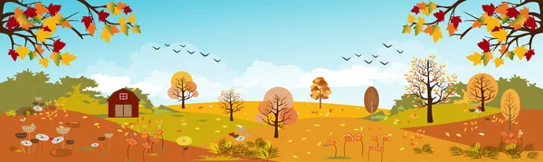 Panoramic of Countryside landscape in autumn, Vector illustration of horizontal banner of autumn landscape mountains and maple trees fallen with yellow foliage,Panorama autumn view in evening with sun