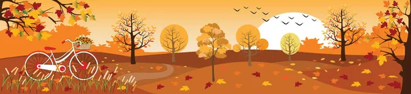 Panoramic of Countryside landscape in autumn,Vector illustration of horizontal banner of autumn landscape mountains,maple trees with leaves falling and bicycle in yellow foliage,Fall season background