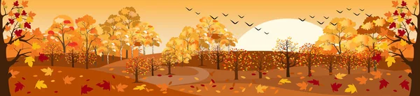 Sonbahar manzaralı ağaçlar sabah güneşli, sonbahar ortası tarlalarının vektör karikatürü, dağlar, turuncu yaprakların arasından düşen yapraklar. Sonbahar mevsiminde harikalar diyarı.