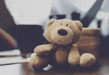 Masada tek başına oturan sevimli küçük ayının yumuşak odağı geçmişe dönük bulanık arkaplanı olan mutlu kahverengi ayı.