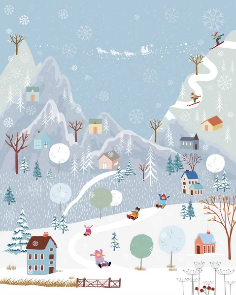 イラストレーター冬の風景 雪に覆われた田舎の冬の不思議の国の水平線のバナーのベクトル 冬の公園で寝ている子供たちと一緒に幸せな山のスキーとカップル — ストックベクタ