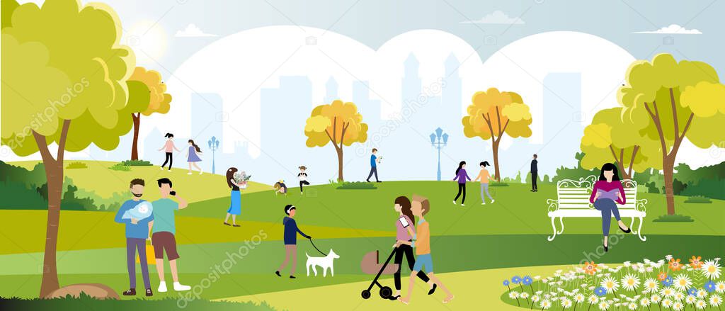 Morning City lifestyle of people in Autumn time, Happy family having fun and enjoying in city park,Graphic eco environment day. Vector cute cartoon for Summer and early Autumn banner
