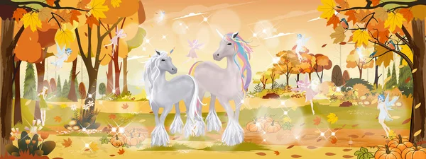梦幻可爱的小精灵卡通片 与两只独角兽在神奇的秋天森林里飞翔 秋天仙境的矢量风景 秋天是美丽的全景 秋天是中秋是自然的 — 图库矢量图片
