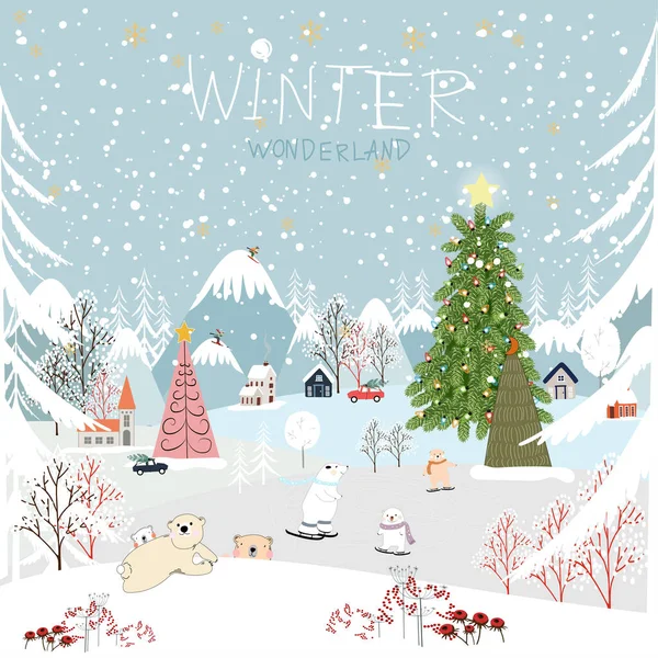 Vector Winter landscape,Cute winter wonderland at countryside with snow falling, polar bear playing ice skates in the park and family skiing on the mountain, Kawaii greeting card for Christmas