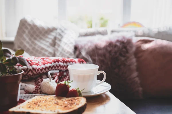 Natureza Morta Chá Cuppa Quente Com Vapor Com Primeiro Plano — Fotografia de Stock