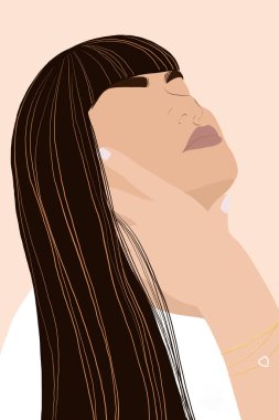 Hippi tarzı Asyalı uzun saçlı genç kız karakteri, portresi güzel çalışan kadın yüzü, kız avatar yüzü, dijital resim Kawaii karikatürü. 