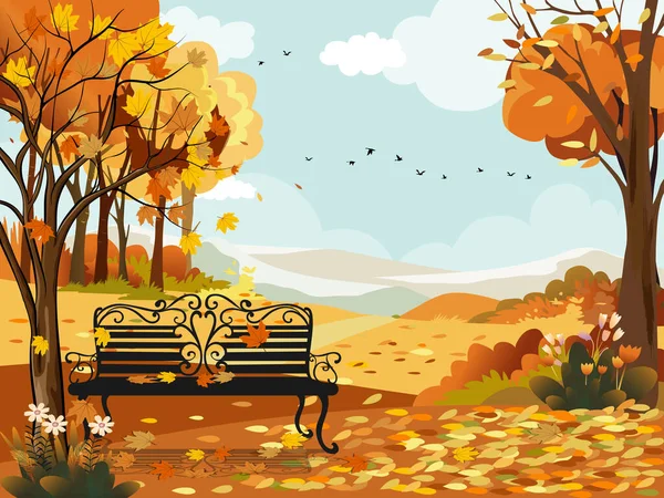 Autumn landscape wonderland forest with bench under the tree,Mid autumn natural in orange foliage,Fall season with beautiful panoramic view  maples leaves falling from trees