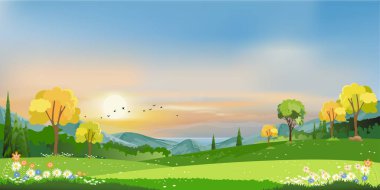 Tepelerde yeşil çayır, mavi ve turuncu gökyüzü, Vector Yazı ya da Bahar manzarası, akşamları günbatımı olan gölün yanında panoramik kırsal alan.