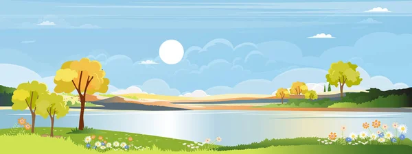 Panorama Landscape Spring Village River Green Meadow Hills Bluesky Vector — Stock Vector